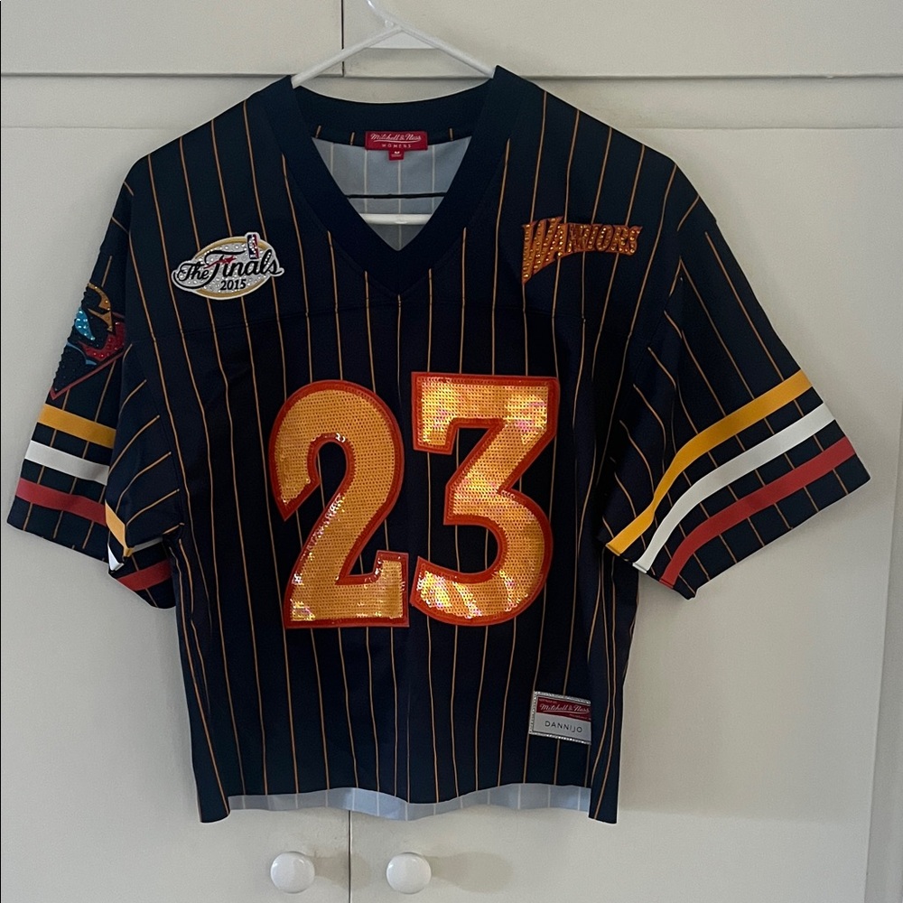 Mitchell & Ness Women's Warriors Navy and Gold Striped Top
